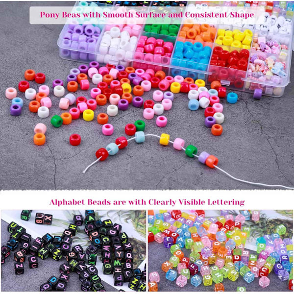 Pony Beads för smyckestillverkning, Shynek Craft armbandspärlor gör-det-själv-kit med ponnyakryl pärlor bokstavspärlor och 10 rullar färgglada elastiska armband Rainbow S