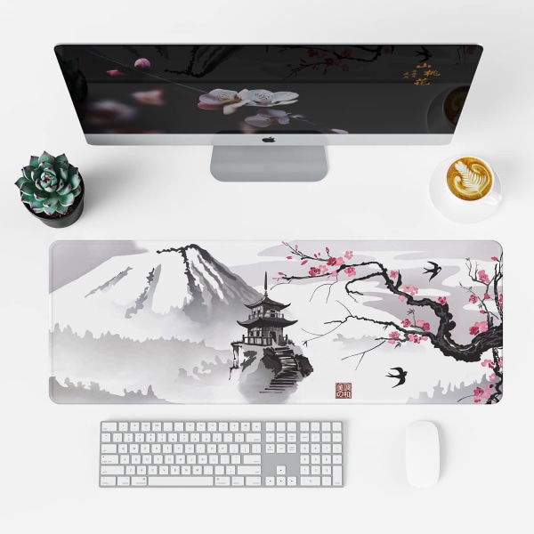 Japanese Cherry Blossom Mouse Pad (31.5 × 11.8 × 0.12 inch) Extended Large Mouse Mat Desk Pad, Stitched Edges Mousepad,Non-Slip Rubber Base,Keybo