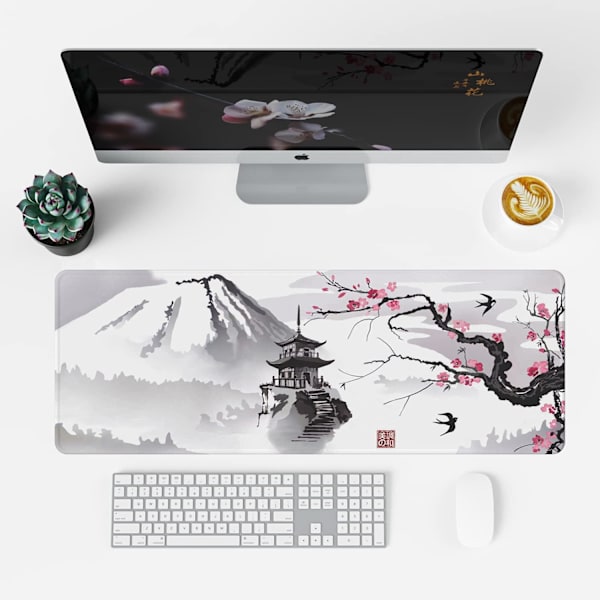 Japansk körsbärsblomma musmatta (31,5 × 11,8 × 0,12 tum) Utökad stor musmatta skrivbordsunderlägg, sydd kant musmatta, halkfri gummibas, tangentbord Ink Drawing Mouse Pad  1 Ink Drawing Mouse Pad  1