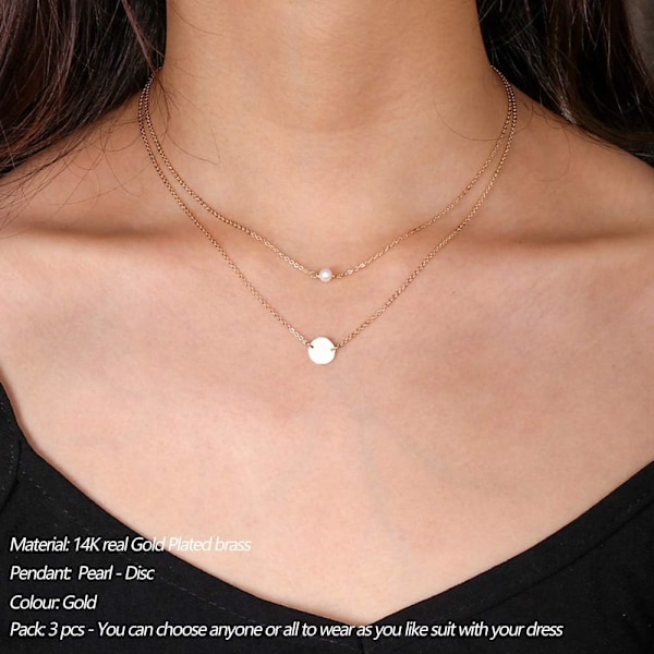 Fint Lagdelt Choker Halskæde, Håndlavet 14K Guldbelagt Y Vedhæng Halskæde Multilag Bar Disc Halskæde Justerbar Lagdeling Choker Halskæder til Kvinder 2PCS  Pearl&Disc 3PCS  Chain&Bar&Hammered Disc