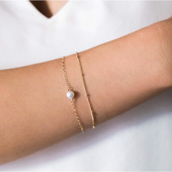 Armbånd til kvinder 14K forgyldt fin kæde simpelt smykke sødt til piger 2 Layer  1 Pearl +Satellite Chain 2 Layer Satellite Chain