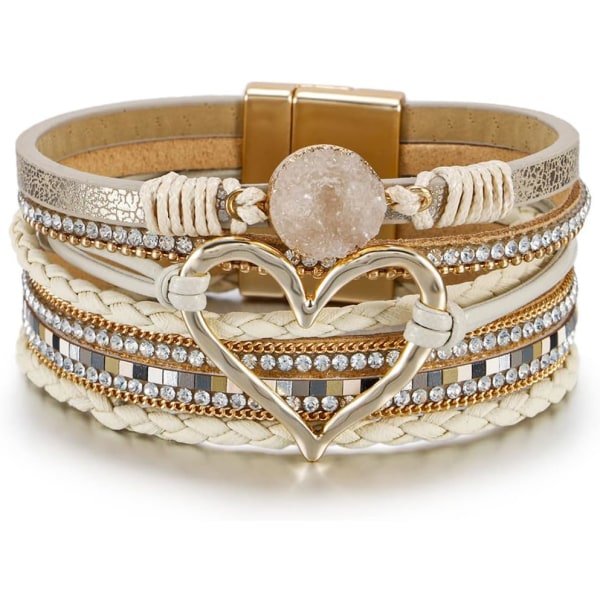 Leopard Armbånd til Kvinder, Boho Læder Wrap Multi-Layer Perle Krystal Armbånd Smykker B31:Heart Leather(Khaki) A7Feather