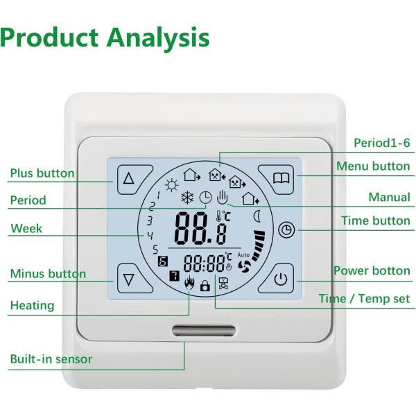 Rumstermostater WG809, 7-dagars programmerbar LCD-display pekskärm 230V 3A för golvvärme vit