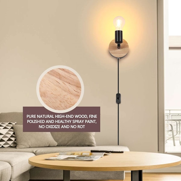 Industrielle vegglamper med bryterplugg i vegglamper innendørs trevegglampeskjermer 360° roterbar rustikk vegglampe E27 vegglamper for soverom stue Wood With Plug 1 Pack