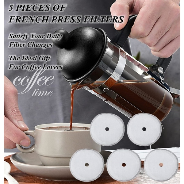 5-pakningsfilter for fransk presse, sil, gjenbrukbart kaffefilter i rustfritt stål, avtakbart kaffetraktertilbehør (3 størrelser valgfritt) (350 ml)