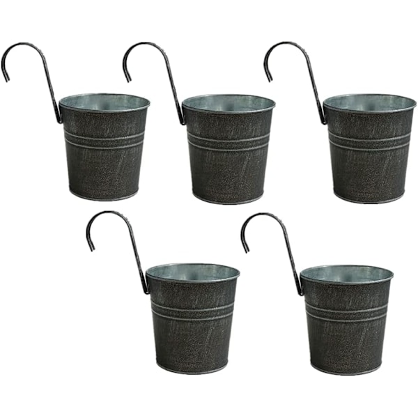 Hængende blomsterkrukker i metal, jern spand plantepotte metal spand blomsterholder med krog indendørs udendørs dekoration til gelænder hegn altan have ( Gray
