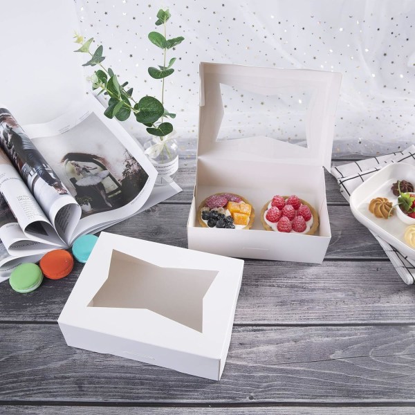 8 tommers hvite kakebokser med vindu, automatisk popup rektangulær bakeriboks for muffins og bakverk, sjokoladedekket jordbær kartong klart lokk Trea White