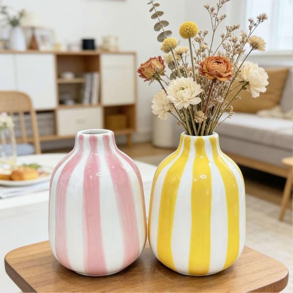 Handmålad Keramisk Randig Vas – Modern Nordisk för Boho – för Sidobord & Kök Red