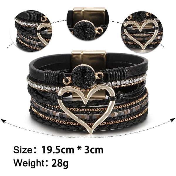 Leopardarmbånd for kvinner, Boho skinninnpakning flerlags perle krystallarmbånd bangle smykker B29:Heart Leather(Black) A7Feather