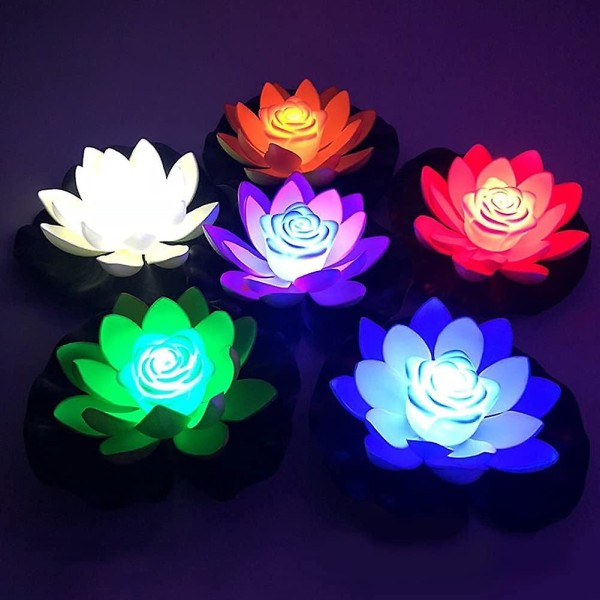 6 stk Flytende kunstige vannliljer, Pond Light Lotus, Flytende Led Lotus (flerfarget), Flytende skumblomster for hager/bassenger/fontener/akvarier