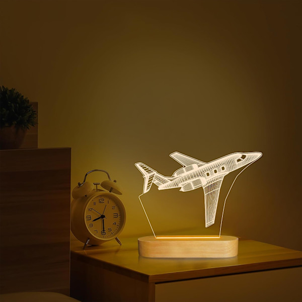 Natlys 3D Illusion Lampe, Blødt Varm Farve Træbordlampe til Drenge Pilot Gaver med USB-strøm
