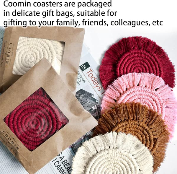Boho Coasters Sæt med 2, Absorberende Vævede Drikkeunderlag til Sofabord, Bondegårdsindretning, Makrame Coasters til Krus og Kopper - Hou
