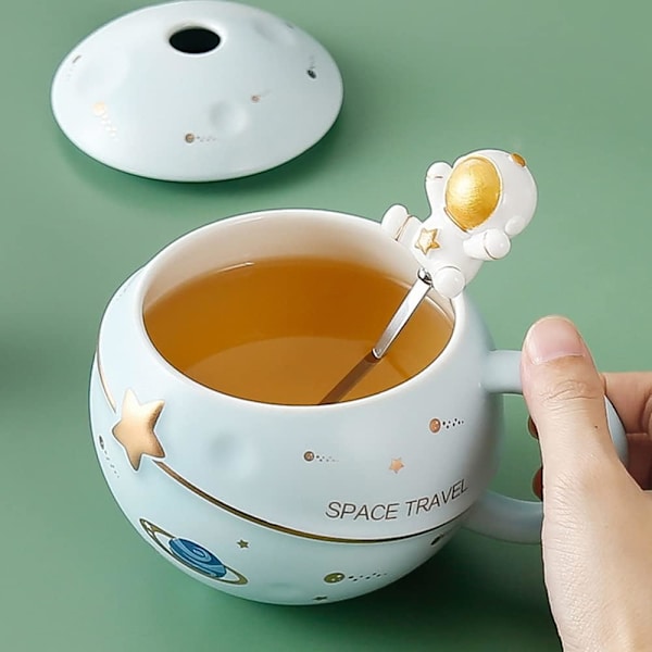 Astronautkopp Rom Embossed Planet Krus, Søt Keramisk Kaffe Krus, Nyhetskrus Med Lokk Og Skje Til Kaffe, Te, Melk, Estetisk Romdekorasjon Morsom Blue