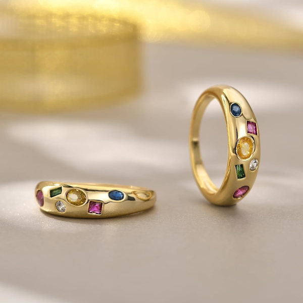 Kraftiga guldpläterade ringar för kvinnor - Trendiga kubiska zirkonium 14k guld fyllda stapelbara ringar MultiStone Dome Ring 6