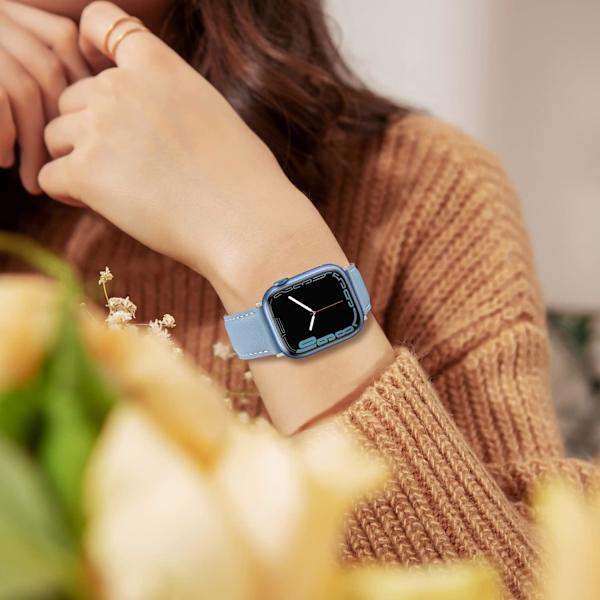 Remmar kompatibla med Apple Watch-rem 45mm 44mm 42mm 41mm 40mm 38mm, dam- och herrremmar i läder, ersättningsband kompatibla med iWatch serie 7 Sierra Blue 49mm/45mm/44mm/42mm