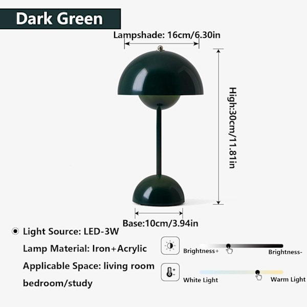 Moderne Blomsterpot Ledningsfri Bordlampe, Ledningsfri Mid Century Lampe, Sød Batteri Svampe Bordlampe, Lille Lampe til Natbord, Dæmpbar Touch Soveværelse La Green