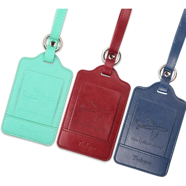 Pakke med 3 bagagemærker, PU-læder bagagemærker til kufferter, bagagemærker med navneskilt, synlige, holdbare, rejsetilbehør, cyan Green+Blue+Wine Red 2.7 x 4.2 inch/6.8 x 10.7 cm