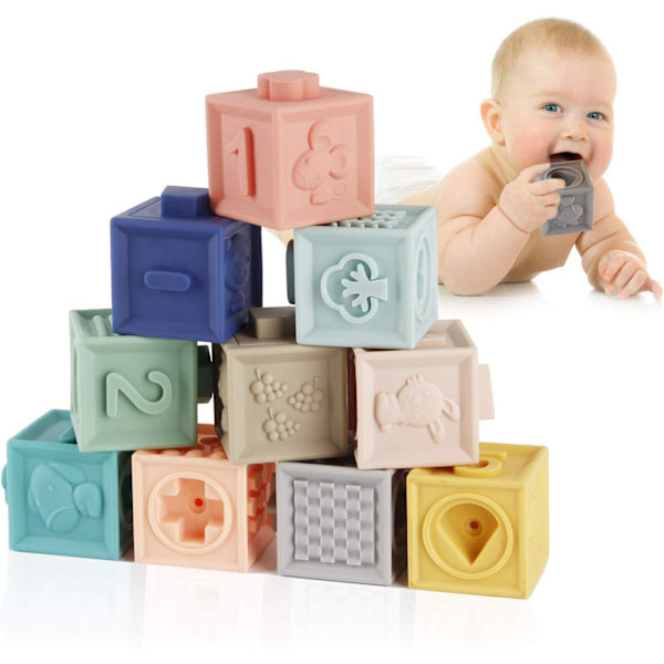 12 stk. Baby Blokke Bløde Byggeklodser Baby Legetøj Bideringe Legetøj Pædagogisk Klemmespil med Tal Dyr Former Teksturer 6 Måneder og Op [Multi]