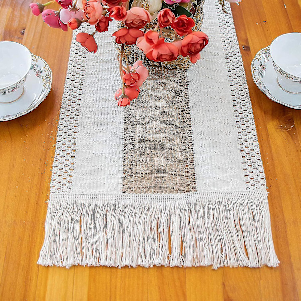Macrame bordslöpare i naturfärgad jute, spetsad bomullsboho bordslöpare med tofsar för bohemiskt bröllop, brudparty, rustikt hem, bondgård