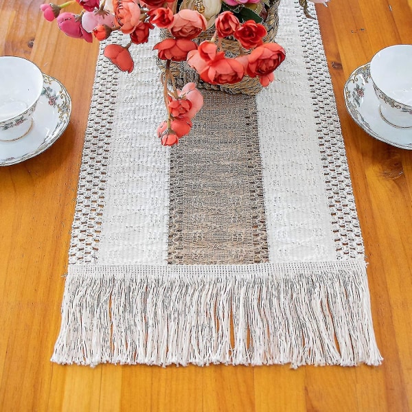 Makrame Bordløper Naturlig Lerret Bordløper, Splicing Bomull Boho Bordløper Med Dusker For Bohemian Bryllup Brude Dusj Rustikk Hjem Farmh