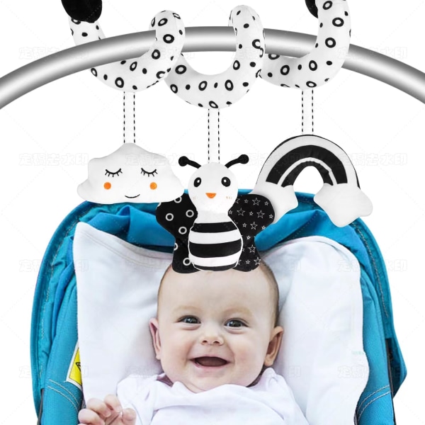 Spiralleksaker till barnvagn,Spiralaktivitet Hängleksaker Bilbarnstolsleksaker Baby ,Med ringande klocka Mjukgos,Lämplig för alla bebisar (svart och Black and White