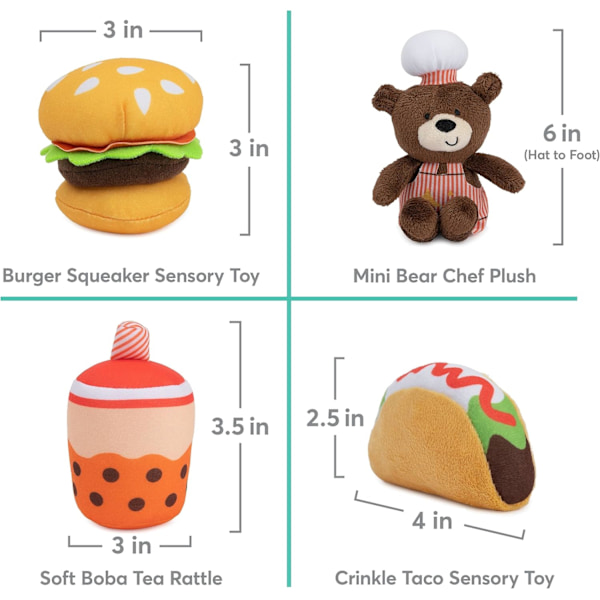 Baby Play Soft Collection, Min Matvagn 5-Delars Plyschset med Rassel, Kvitter och Knasterleksaker, Sinnestimulerande Leksak för Spädbarn, 7.5u2 Food Truck