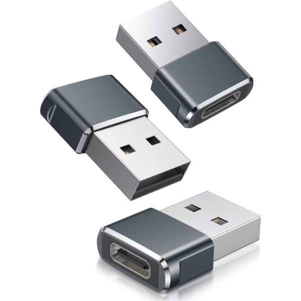Basesailor USB til USB C Adapter 3 Pakke, Type C Hun til USB A Han Kabel Converter til Apple iWatch 7 8, iPhone 12 13 14 15 Max Pro, iPad 9 10 Air 4 Grey