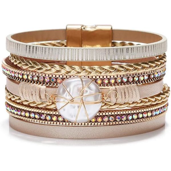 Leopard Armband för Kvinnor, Boho Läder Wrap Flerskikts Pärla Kristall Armband Smycken B12Round Pearl(Gold) A7Feather