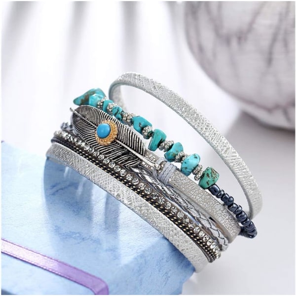 Leopard Armband för Kvinnor, Boho Läder Wrap Multi-Layer Pärla Kristall Armband Smycken A7Feather A7Feather