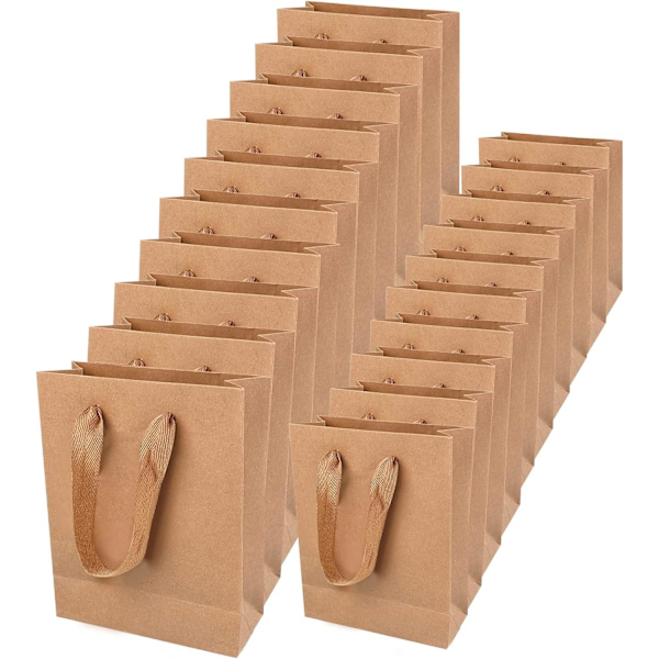 Bruna pappersbärkassar, 20-pack bruna kraftpapperskassar bruna papperspresentpåsar med starka handtag, tjocka återvinningsbara festpåsar detaljhandelslunch Brown