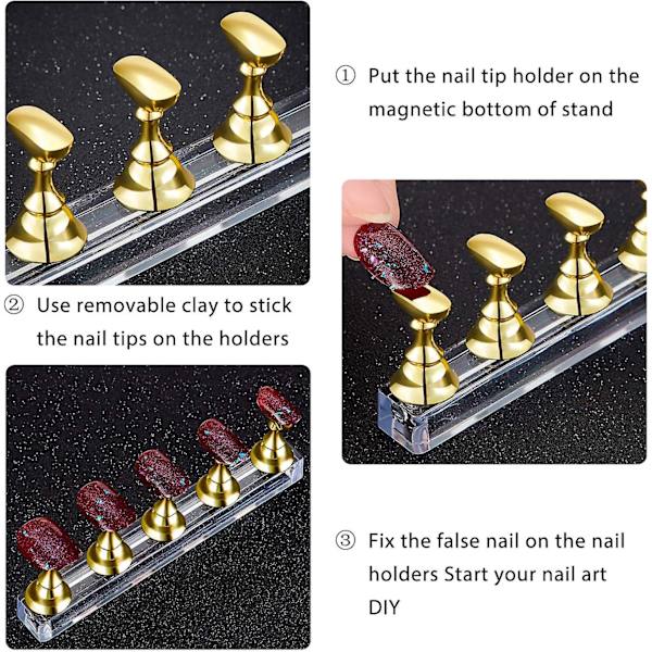 (guld) 2 st akryl nageldisplay set fingertopp övningsställ magnetisk nagelövningsställ diy falska naglar konst nagelkonst