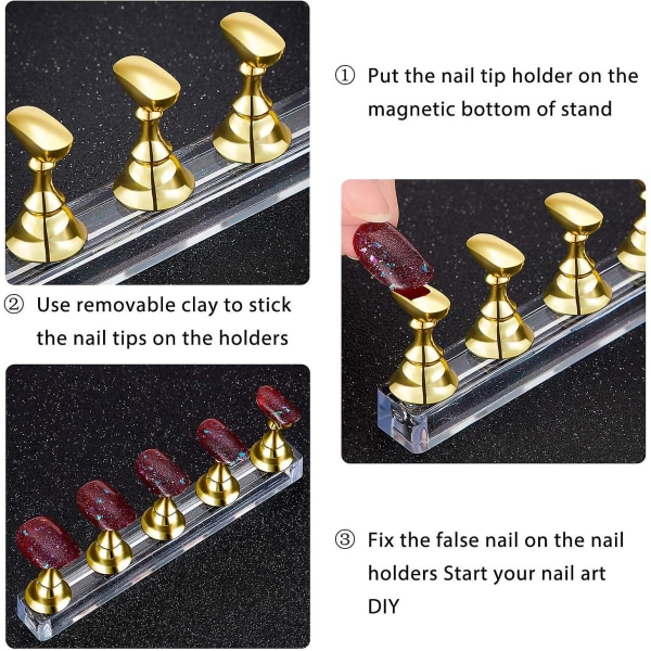 (guld) 2 stk Akryl Negle Display Sæt Fingerspids Øvelsesstativ Magnetisk Nail Practice Stand Diy Fake Nails Art Nail Art
