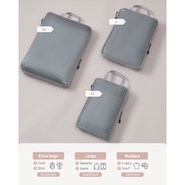 Compression Packing Cubes for Suitcases, 3Pcs Extensible Suitcase Organiser, Lightweight Travel Luggage Organizer Packing Bags Storage Bags Trave