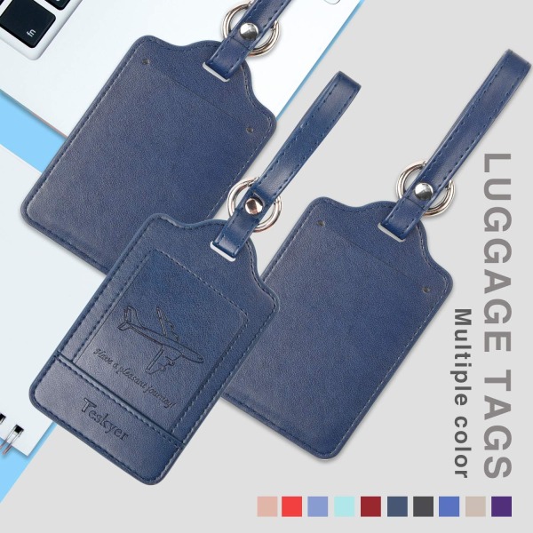 Paket med 3 Bagagelappar, Bagagelappar i PU-läder för resväskor, Bagageetiketter med namn-ID-kort, Märkbar, Hållbar, Resetillbehör, Blå Blue 2.7 x 4.2 inch/6.8 x 10.7 cm
