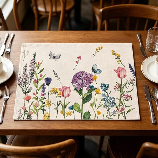 Blomstrete linservietter – Sett med 5 maskinvaskbare – for gårdshus og spisebord C