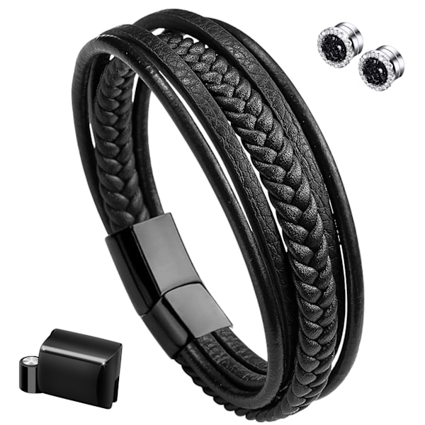 Premium Ekte Skinnarmbånd [Flettet] for Menn i Svart & Brun | Ulike Lengder | Magnetisk Rustfritt Stål Lås | Flott Gaveidé black 21cm
