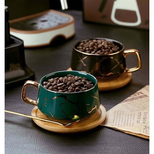 YBK Tech Porcelæn Te Kop Kaffe Kopsæt til Eftermiddagste - Marmor Mønster (Grøn, Kort 300ml + Træunderkop) Green., Short
