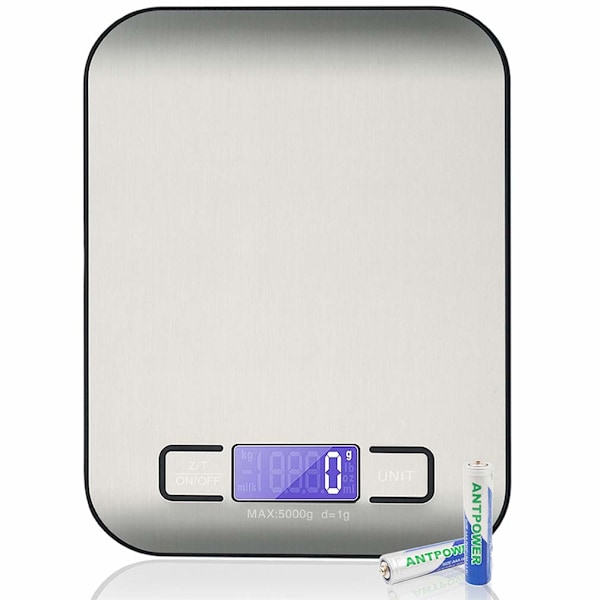 Køkkenvægt Digital, 11lb/5kg Ultra Tynd Mad/Madlavning/Bagning Vægt, 1g/0.1oz Præcis Graduering 5 Enheder Tare Funktion Touch Knap, Baggrundsbelyst LCD Silver