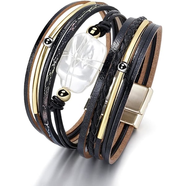 Leopard Armband för Kvinnor, Boho Läder Wrap Multi-Layer Pärla Kristall Armband Smycken A5Black Leather(Pearl) A7Feather