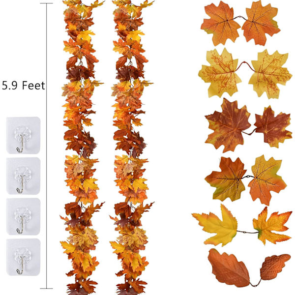 2 Pakke Efterårsguirlande Ahornblad, 5,9Ft/Stk Hængende Vingguirlande Kunstig Efterårsløv Guirlande Thanksgiving Dekoration til Hjem Bryllup Pejs Light Orange