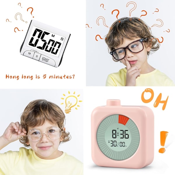 Visuel timer digital, 60-minutters 3-i-1 nedtællingsrotationstimer til børn og voksne, LCD-skærm Pomodoro tidsstyringsuddannelsesværktøj til køkken,
