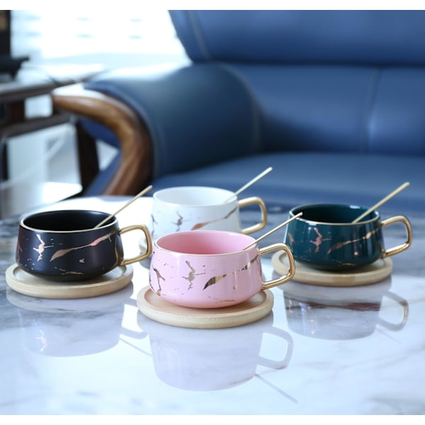 YBK Tech Porcelæn Te Kop Kaffe Kopsæt til Eftermiddagste - Marmor Mønster (Grøn, Kort 300ml + Træunderkop) Green., Short