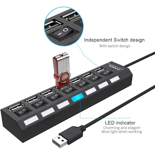 Multi-port USB-splitter, 7-ports USB 2.0 Hub USB-dataadapter med tænd/sluk-knapper til individuelle LED'er, kompatibel med Macbook, Mac Pro/mini, iMac, Note Black USB 2.0
