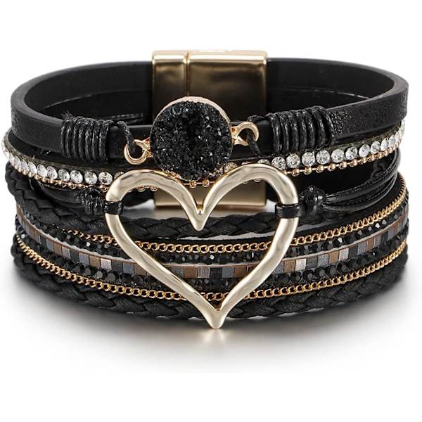 Leopardarmbånd for kvinner, Boho skinninnpakning flerlags perle krystallarmbånd bangle smykker B29:Heart Leather(Black) A7Feather