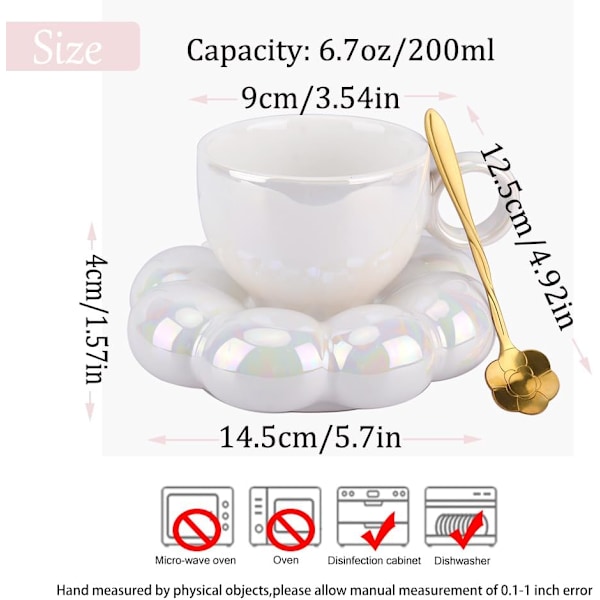 Keramisk kaffemugg, moln kaffekopp och fat set, söt mugg med blomsked och solros underlägg, Kawaii temugg med fat, Latte koppar 6,7oz/200ml Pearl White