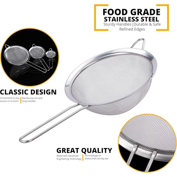Sil og silsett - Metall sil i rustfritt stål, finmasket sil | Pakke med 3 kjøkkennett, sil til matlaging, mel til baking Rustfri sil, Silver Pack of 3