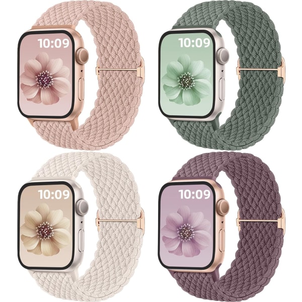 4 stk. Solo Loop flettede remme kompatibel med Apple Watch-remme 40mm 41mm 38mm 42mm 44mm 45mm 49mm til kvinder og mænd, strækbar rem elastisk sport ba A.SmokeViolet/Green/Starlight/Pink 42mm/44mm/45mm/49mm