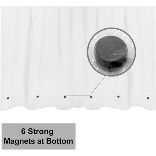 Kort duschdraperi eller foder med 6 viktade magneter, 72 x 66 tum längd, kraftig PEVA, vattentät, PVC-fri, 12 metallöglor, genomskinlig, A1. Clear W72*H66
