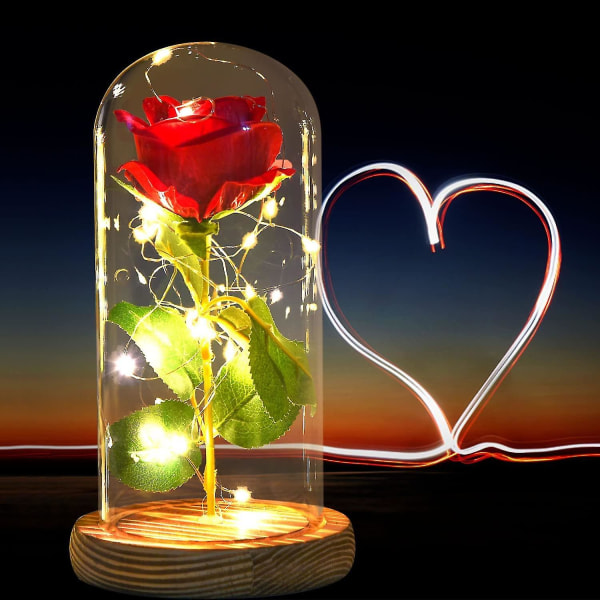 Glassrose, beste gave til mamma, rød rose med lys fortryllet rose i glasskuppel