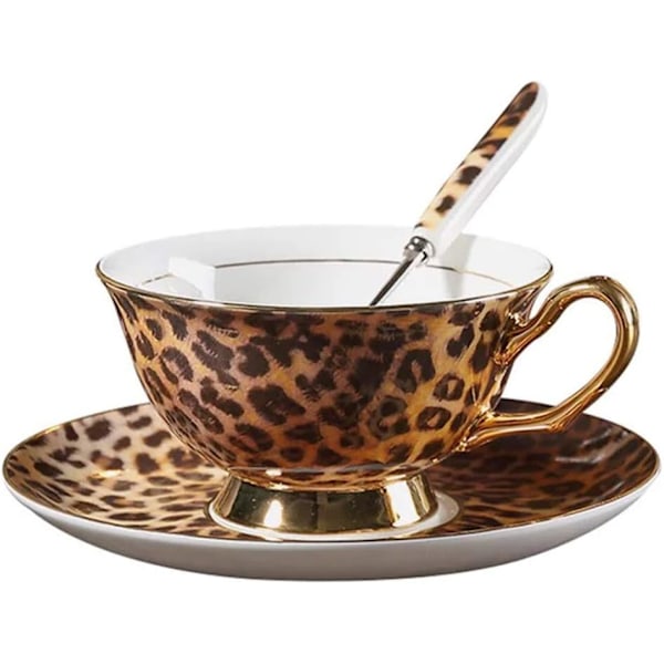 ® YBK Tech Euro Style Bone China Kop & Underkop Sæt, Keramisk Te- og Kaffe Kop til Hjem Køkken Bryllup (Leopard Mønster) Leopard Pattern